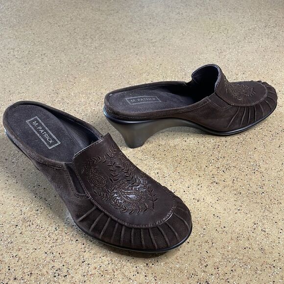 M. Patrick "Cara" Suede & Paisley Embroidered Leather Comfort Clogs Brown sz 6.5 - Picture 1 of 16